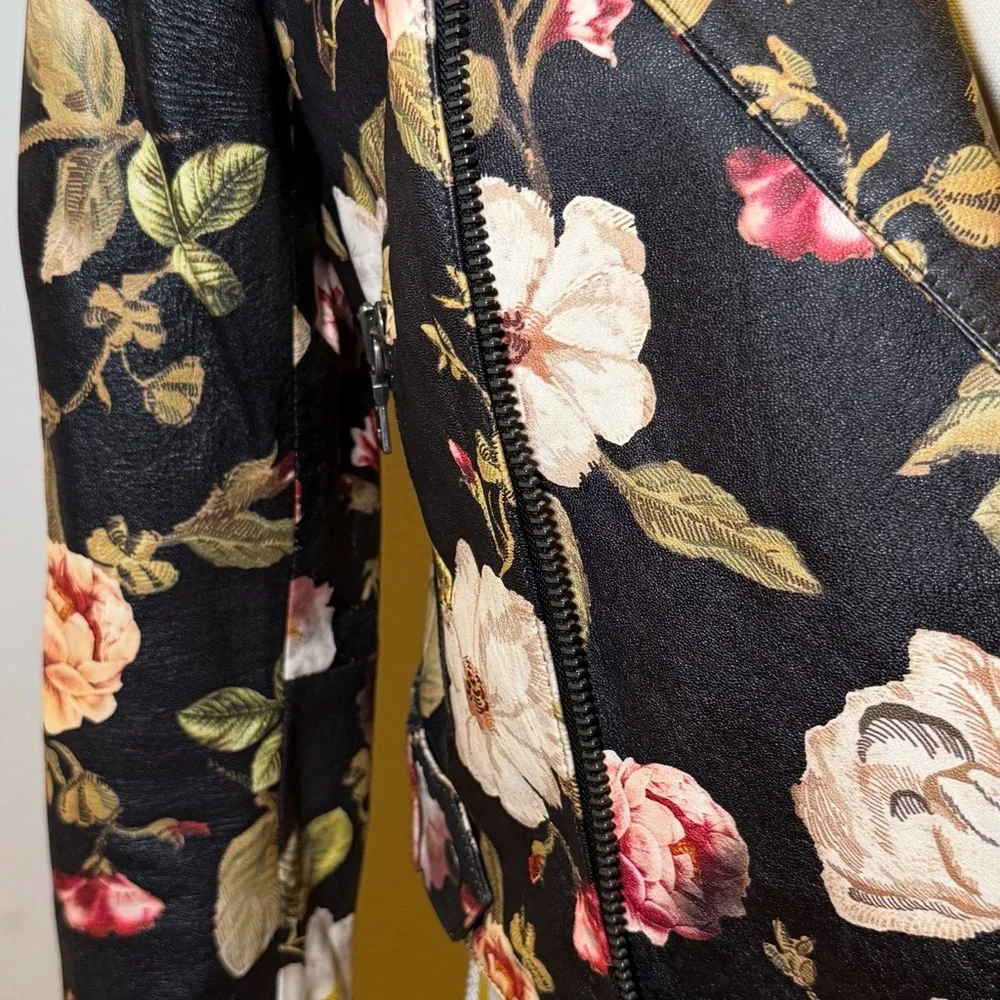 Alice + Olivia Olive Green, Pink and Beige Floral Leather Jacket - Picture 4 of 5